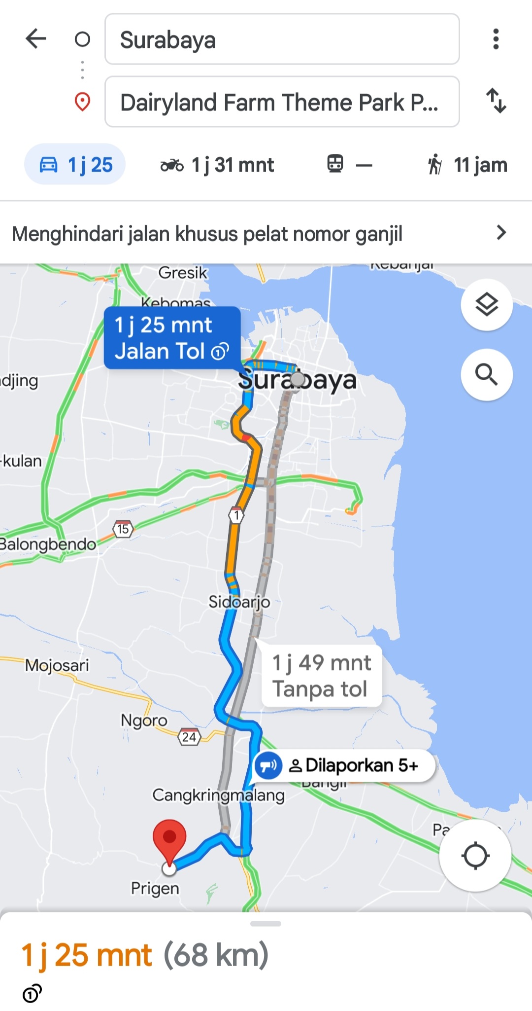 Rute google maps dari Surabaya ke Cimory Dairyland Prigen